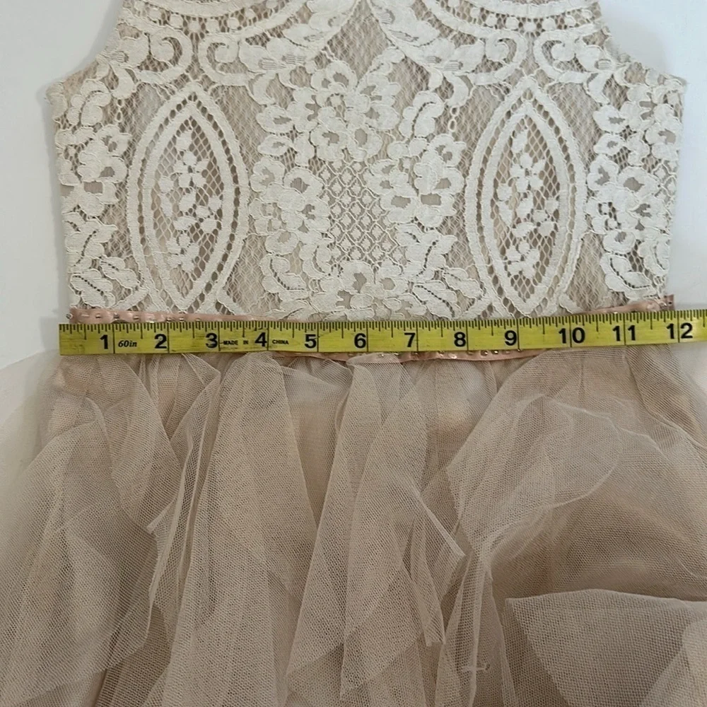 Rare Editions Big Girls 10 Lace Bodice Beaded Waist Belt Mesh Cascade Dress EUC